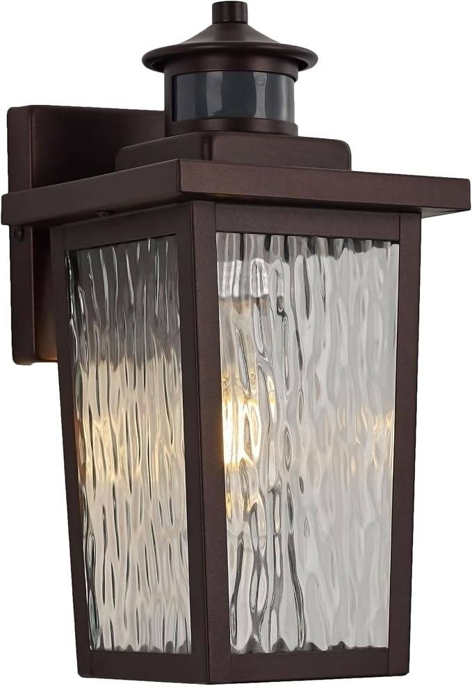Oil Rubbed Bronze Motion Sensor Exterior Wall Lantern, Dusk to Dawn Outdoor Lighting with Clear Water Glass and E26 Base Socket, 12" Outside Lights for House Entryway
