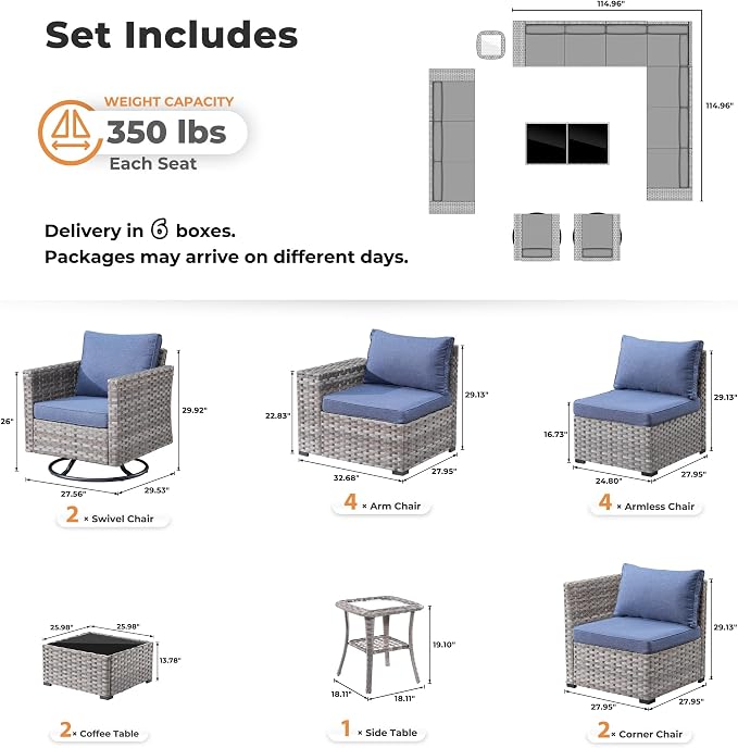 ovios 15 Pieces Patio Furniture Set, Outdoor Wicker Sectional Sofa with Swivel Chairs Coffee Table, Modern Modular Deep Seat Rattan Couch Conversation Sets, Denim Blue