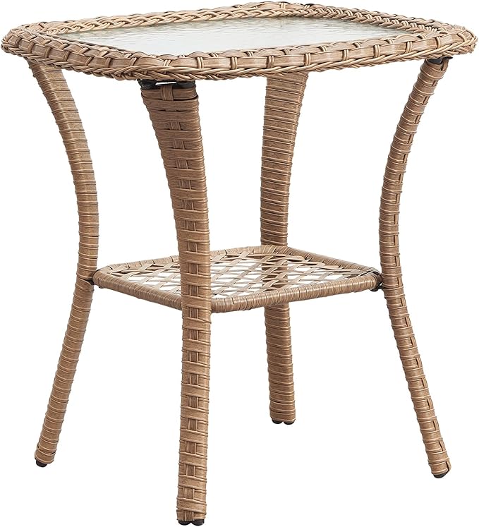 Belord Small Outdoor Side Table - 50 LBS Weight Capacity Wicker Side Table with Storage, Tempered Glass Top Patio Side Table for Porch Balcony Deck Yellow