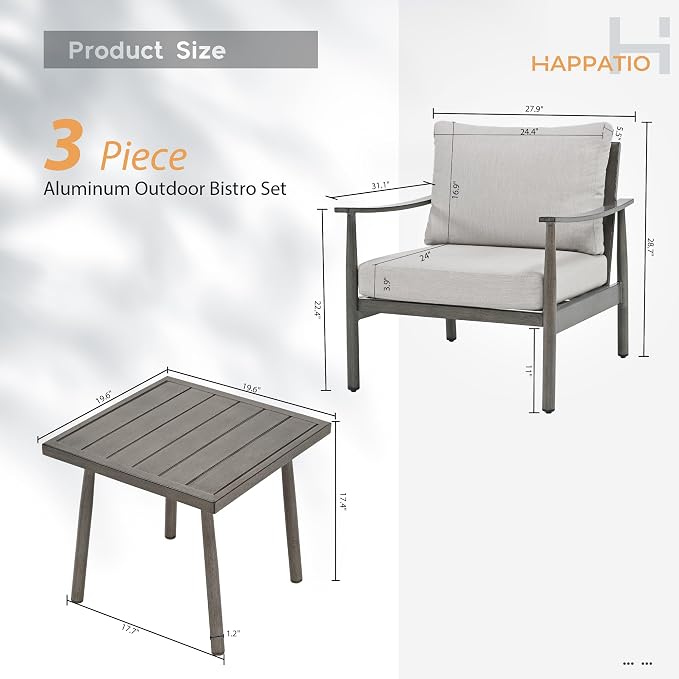HAPPATIO Patio Conversation Set 3 Pieces, Outdoor Aluminum Conversation Furniture Set, 2 Modern Chairs with Backrest Rope Design and 1 Side Table for Garden, Pool, and Lawn (Grey)
