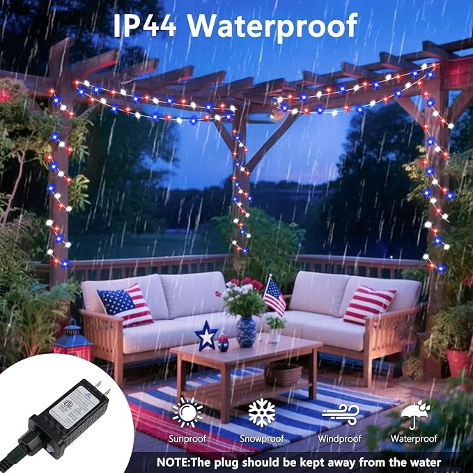200 LED Connectable String Lights, 66FT American Flag Lights Outdoor Indoor | Red Blue and White, 13 Modes, Timer, Clear Wire Waterproof Twinkle Fairy Lights Plug in for 4th of July, Memorial Day Decor