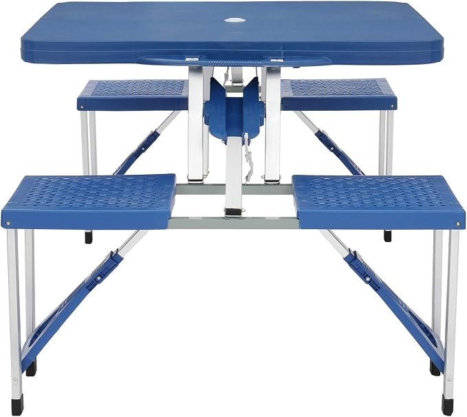 4FT Portable Folding Camping Picnic Table with Seats Chairs and Umbrella Hole, Lightweight Compact Aluminum Outdoor Camping Patio Fold Up Card Suitcase Table with Carry Handle
