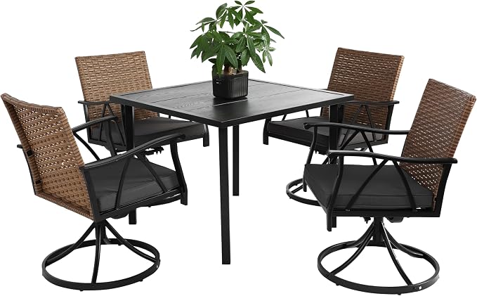 GDFStudio 5-Piece Patio Dining Set,Outdoor Wicker Furniture Set with Swivel Rocker Chairs,Square Steel Table with Umbrella Hole, Cushioned Seating with Removable Covers for Garden,Poolside,Brown Gray