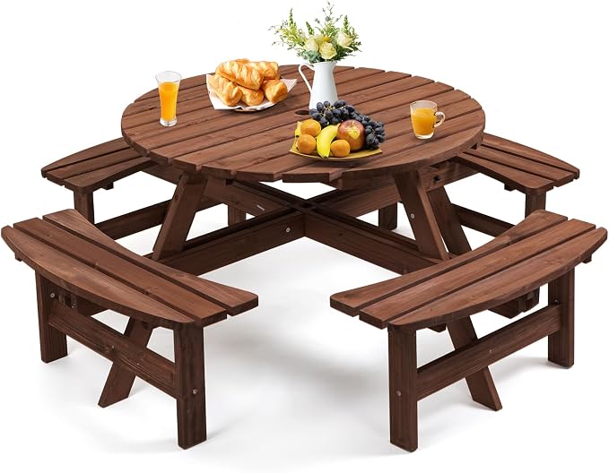 Zevemomo Wood Picnic Table for 8 People, Round Top with Umbrella Hole, 4 Built-in Curved Benches, 2220LBS Capacity for Patios & Backyards, Brown