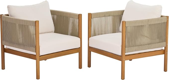 Merax 2 Piece Outdoor Club Chair with Acacia Wood Frame in Teak Look, Beige Rope Panels & Cream Water-Repellent Cushions for Patio & Garden