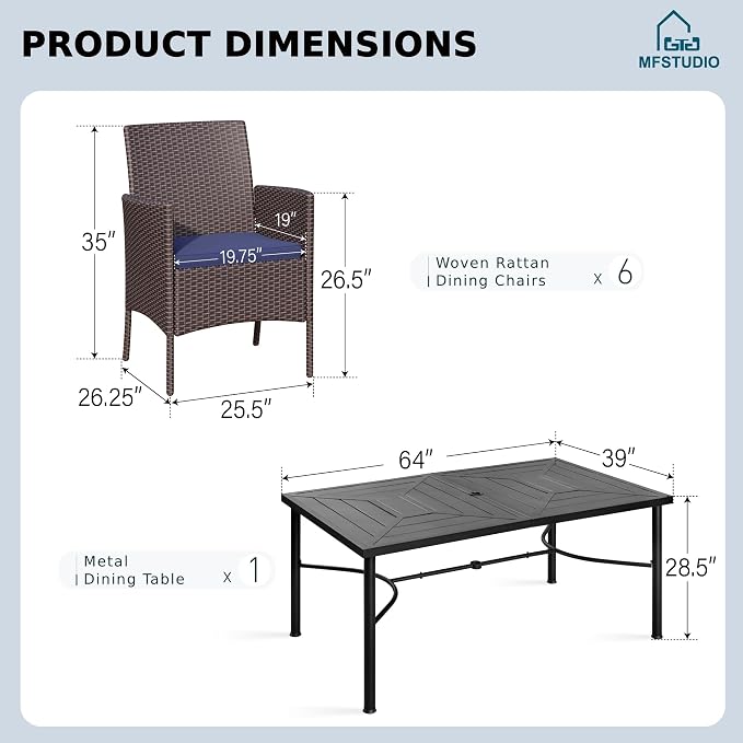MFSTUDIO Outdoor Dining Sets for 6, 7 Pieces Outdoor Rattan Dining Table Furniture Set, Patio Table and Chairs for 6, Wicker Patio Dining Set for Porch, Backyard