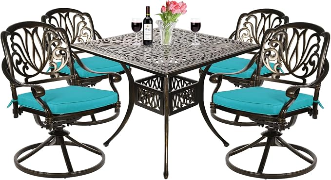 VIVIJASON 5-Piece Outdoor Patio Dining Set, All-Weather Cast Aluminum Conversation Set, Patio Furniture Set, Include 4 Swivel Dining Chairs, a 35.4" Square Table w/Umbrella Hole, Ocean Blue Cushion