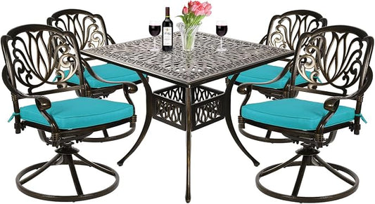 VIVIJASON 5-Piece Outdoor Patio Dining Set, All-Weather Cast Aluminum Conversation Set, Patio Furniture Set, Include 4 Swivel Dining Chairs, a 35.4" Square Table w/Umbrella Hole, Ocean Blue Cushion