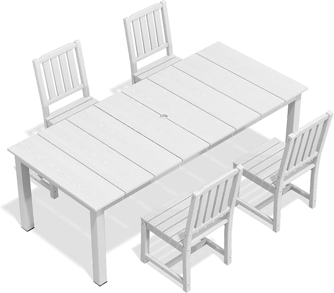 AreShark 5-Piece Outdoor Dining Set,HDPE Patio Table with 4 Armless Chairs,All-Weather Patio Furniture Set with Umbrella Hole,Low Maintenance Wood Grain Dining Set for Backyard,Garden,Poolside,White