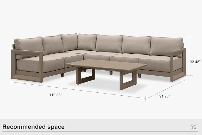 PURPLE LEAF Patio Furniture Set L-Shaped Outdoor Couch with 9.6" Thick Cushion and Soft Pillows 7 Piece Outdoor Sectional Sofas with Table Modern Patio Conversation Sets for Yard Porch Deck, Khaki
