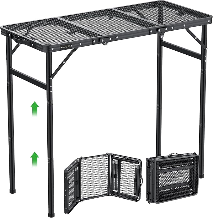 GARLLEN Folding Grill Table, 3-Height Adjustable Lightweight Grill Table with Heat-Resistant Tabletop, Portable Aluminum Camping Table for BBQ, Picnic, Cooking, 35.4" L x 15.7" W, Threaded Install