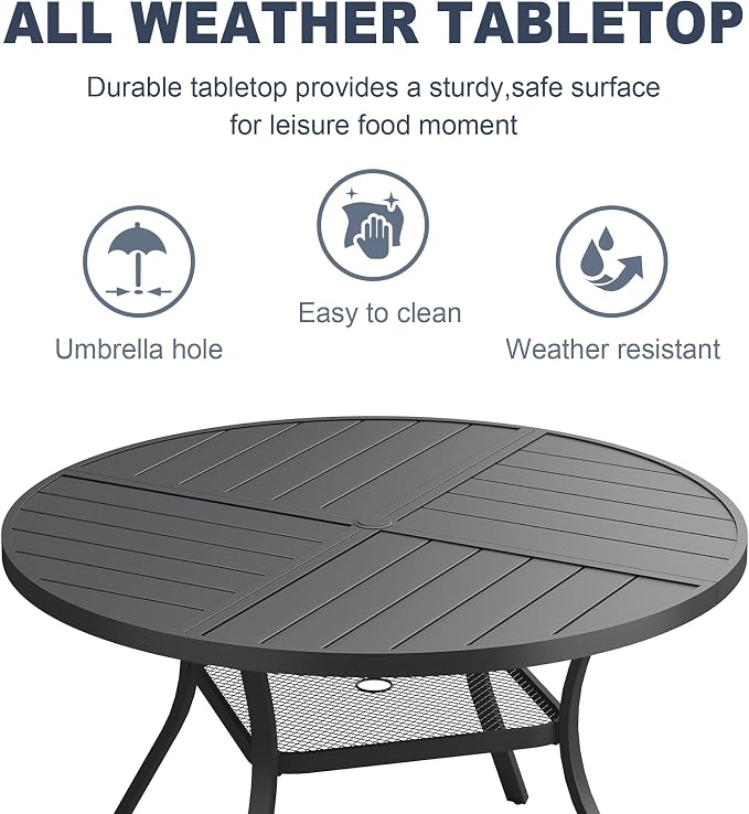 VICLLAX Patio 5 Pieces Outdoor Dining Set, 40.6" Round Metal Table with Umbrella Hole and Storage Shelf, 4 Swivel Textilene Chairs for Lawn, Garden, Porch, Black/Brown