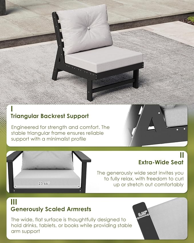 GREENVINES Outdoor-Couch | HDPE Plastic | Patio Sectional Conversation Sets | All Weather Couches | Armless Single Sofa | for Porch Deck Lawn | Black Frame Light Gray Cushion