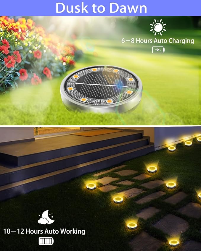 Solar Lights Outdoor Waterproof, 2 Pack 8 LED, Thickened Stainless Steel Ground Light, Solar Garden Lights Landscape Lighting for Patio Pathway Lawn Yard Deck Driveway Walkway, Warm White