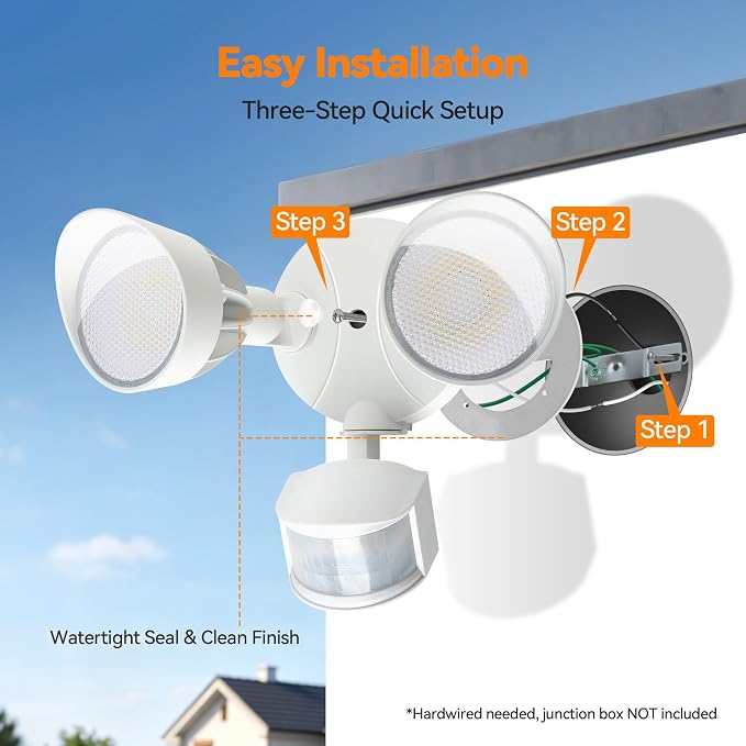 45W 5500LM PIR Motion Sensor Outdoor Lights, Dual Head LED Flood Light, 5000K Daylight, IP65 Waterproof Hardwired Dusk to Dawn Motion Detector Security Light for Outside Garage Yard (White)