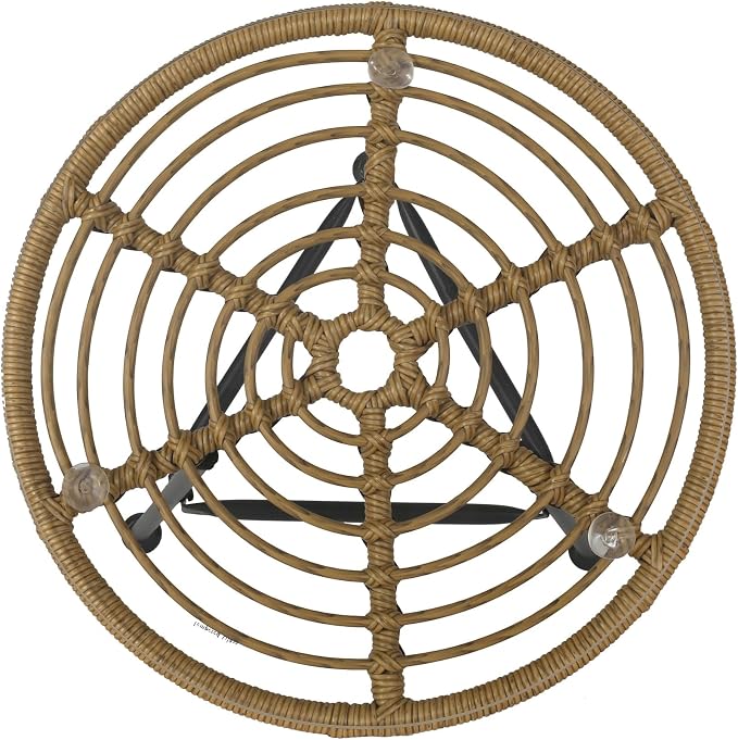Penau Outdoor Round Faux Rattan Side Table with Tempered Glass Top, Steel Frame, Light Brown, 19.5 x 19.5 x 18.5 Inchs, Modern Balcony Porch Deck End Table