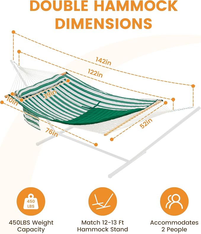 Lazy Daze Hammocks Rope Hammock with Pad, Spreader Bar, Carabiners, Tree Straps, Chains for Outside Patio- Max 450 Lbs, Green Stripes