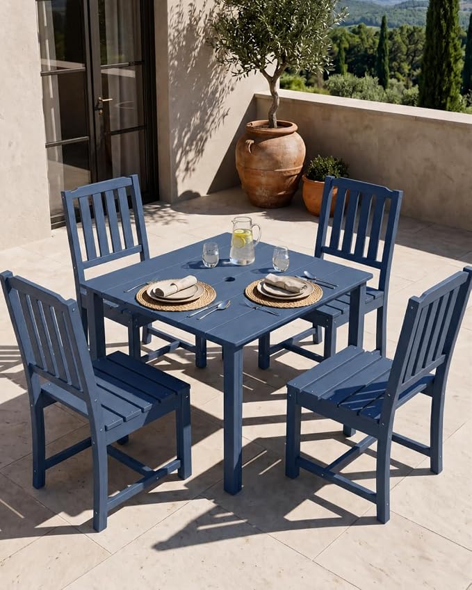 HDPE Outdoor Dining Set for 4, Square Table and Chairs, Navy | All-Weather HDPE, Wood Grain Finish, 42.5" Square Table, Built-In Umbrella Hole, Seats 4, Patio & Poolside Ready