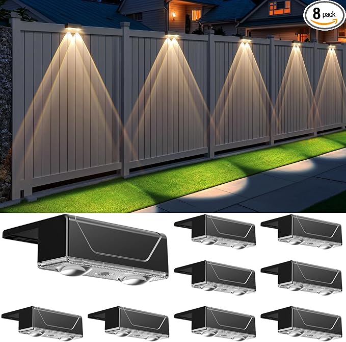 Solar Fence Lights Outdoor - 3 Color Modes(3000K/4000K/6000K), IP55 Waterproof Solar Lights, Fence Light Solar Powered for Outside, Backyard, Railing, Steps, Patio and Wall Lighting（8Pack）