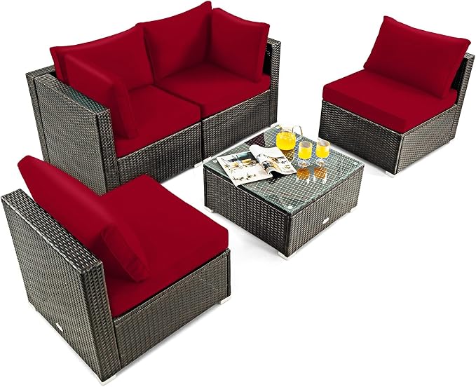 HAPPYGRILL 5-Piece Patio Furniture Set Outdoor Rattan Wicker Sofa Set with Coffee Table Sectional Sofa Conversation Set with Pillows Cushions for Backyard Porch Garden Poolside