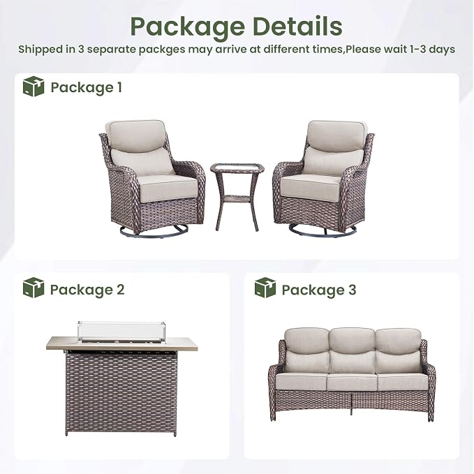 Luxury Patio Furniture Set with 6-inch Thick Cushion, Outdoor Furniture with Fire Pit Table, Swivel Chairs, Side Table, Sofa, 5pcs Wicker Conversation Set for Deck Yard(Brown Wicker/Beige Cushion)