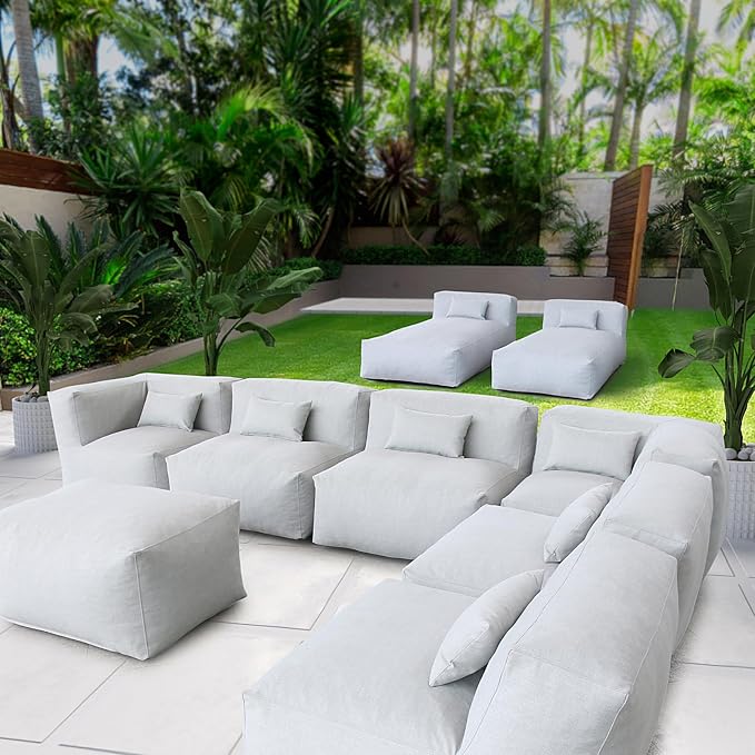 Patio Furniture Set Bean Bag Eraclea 9C Outdoor Chairs Sectional Conversation Patio Set Daybed Furniture Outdoor Sofa Couch High Density Foam Filling Modern Comfy Patio Couch (Light Gray)