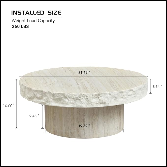 31.69" Travertine Coffee Table Round Faux Stone Coffee Table for Living Room, Modern Faux Marble Pattern Top with Wooden Pedestal Unique Center Tables, Magnesium Oxide, No Assembly,Beige