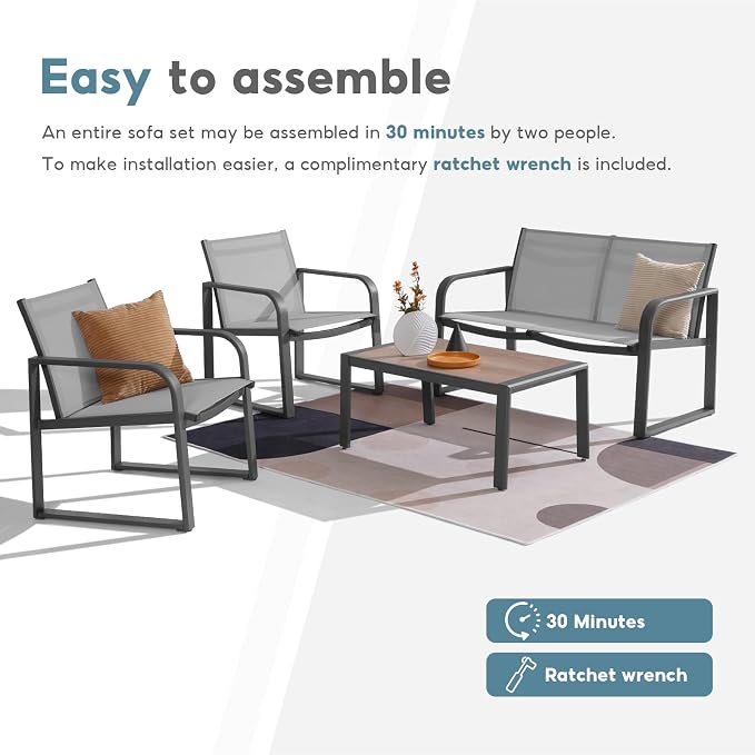 Aluminum Outdoor Patio Conversation Set, 4 Pieces Patio Furniture Sets with Breathable Textilene with Loveseat,Table and Chairs for Yard,Balcony,Grey
