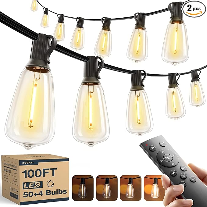 addlon 100FT(50FT*2) Outdoor String Lights ST38 LED with Remote Waterproof | 54 Dimmable Shatterproof Replaceable Bulbs, Connectable Hanging Strand for Porch Backyard Patio Garden Deck Outside, Timer