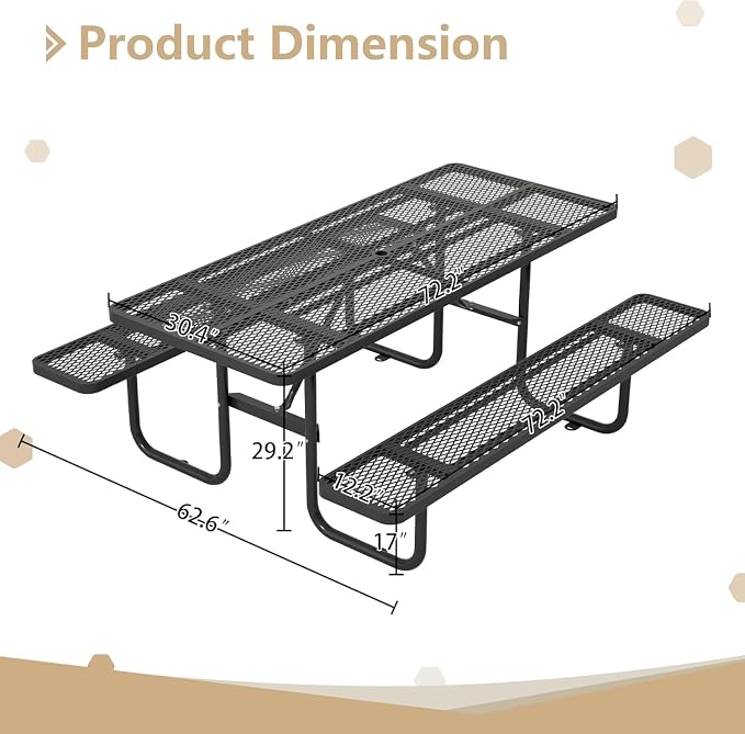 Coated Steel Heavy Duty Picnic Table for Outdoors 2200 lbs Load, Rectangular Camping Table with 1.78" Umbrella Hole, Commercial Picnic Table with Benches, Black
