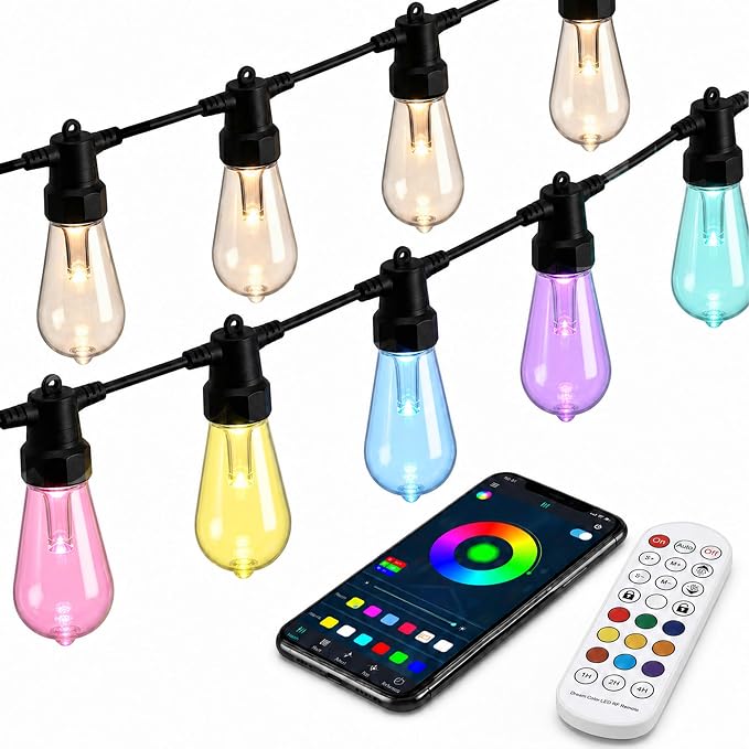 27FT RGBW Outdoor String Lights 24V Dimmable Patio | IP65 Waterproof, 200+ Dynamic Modes, Music Sync, App & Remote Control, Zip Ties Included, Weatherproof -4°F to 158°F