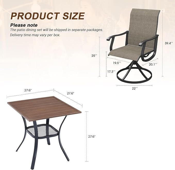 VICLLAX 3 Pieces Outdoor Dining Set, Patio Furniture Set Includes 27.6" Square Metal Table and 2 Textilene Swivel Chairs for Porch, Lawn, Garden, Wulnut/Brown