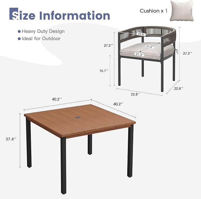 VICLLAX Patio Dining Set, 40.2" Walnut Table & 4 Chairs with Wheat Cushion | Outdoor Table and Chairs Set of Square Metal Patio Table, Outdoor Dining Chairs with Metal Frame, Garden Deck Porch