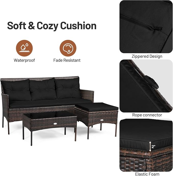 RELAX4LIFE 3 Pieces Patio Furniture Set, Rattan Wicker Sectional Conversation Sofa Set w/5 Seat & Back Cushions, Tempered Glass Coffee Table for Porch Balcony Backyard, Outdoor Furniture (Black)