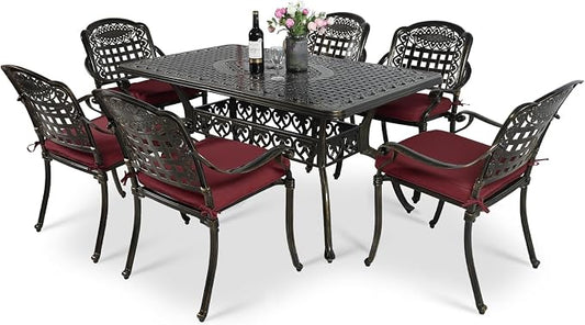 VIVIJASON 7-Piece Patio Furniture Dining Set, All-Weather Cast Aluminum Outdoor Conversation Set, Include 6 Cushioned Chairs and a Rectangle Table with Umbrella Hole for Balcony Backyard, Red Cushion