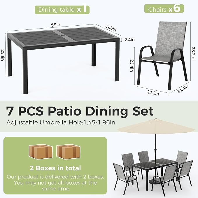 7-Piece Outdoor Dining Set, All Weather Patio Table and Chairs Set with Umbrella Hole for 6, Rectangular Steel Slat Table and 6 Textilene Chairs for Garden, Backyard, Poolside and Deck, Grey