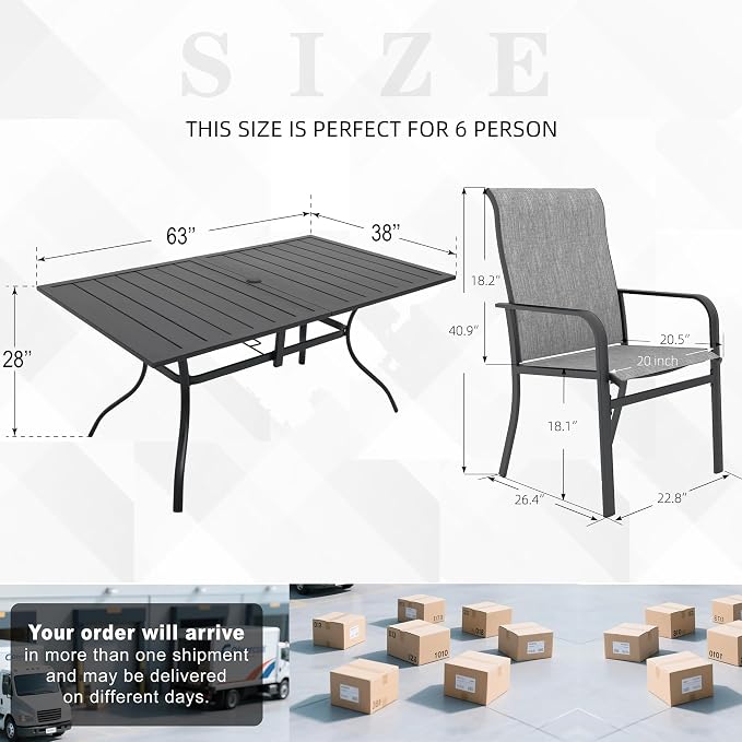 7 Piece Gray High Back Wide Patio Chairs and 63" Metal Rectangle Table | 63" x 38" Metal Rectangle Dining Table, High Back Wide Patio Chairs, All Weather, for Tall People