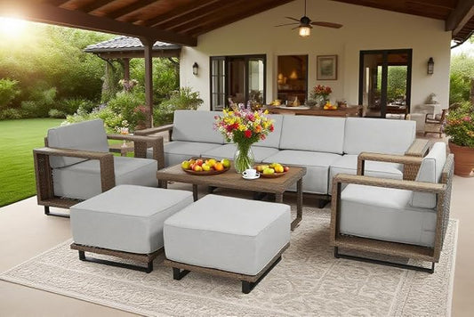10 Pieces Outdoor Patio Furniture Set, PE Rattan Weaving Sofa with 10 inch Thick Cushions, Dining Table and Coffee Table with Steel Frame and Wooden Board, Brown/Light Gray Linen