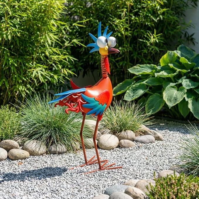 Metal Wacky Rooster Garden Statue for Patio, Backyard, Lawn | 17.9'' Rooster Decor, Yard Statue Decorations Outdoor, Chicken Yard Art, Orange & Cyan