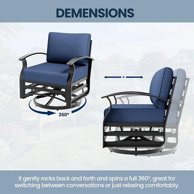 Aluminum Outdoor Patio Furniture Set,6 Pieces 5 Seats Patio Conversation Sets with 45" Propane Fire Pit Table,Metal Furniture Set with 2 Swivel Rocking Chairs & 2 Ottomans,Navy Blue