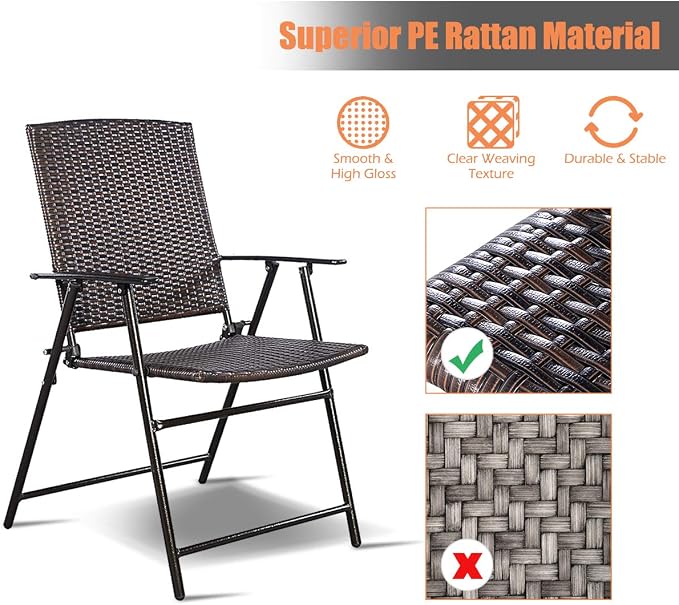 S AFSTAR 5 Pieces Patio Dining Set, 4 Folding Chairs with Table, Portable Wicker Chairs Furniture Set for Outdoor Garden Backyard (4 Chairs w/ 28''H Classic Round Table)