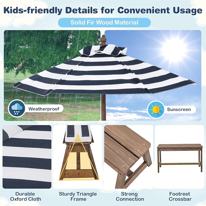 Olakids Kids Picnic Table, 2 in 1 Outdoor Toddler Wooden Table and Chair Set with Removable Cushions Height Adjustable Umbrella, Children Activity Furniture Bench for Patio Garden Backyard (Blue)