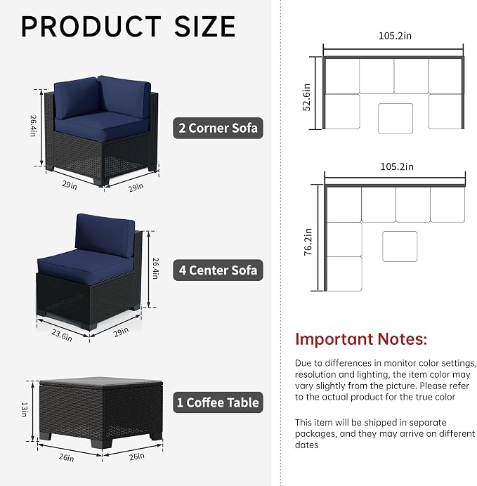 7 Pieces Outdoor Patio Furniture Set, Wicker Modular Sectional Sofa, All Weather Conversation Sets with Glass Table for Yard, Garden, Poolside