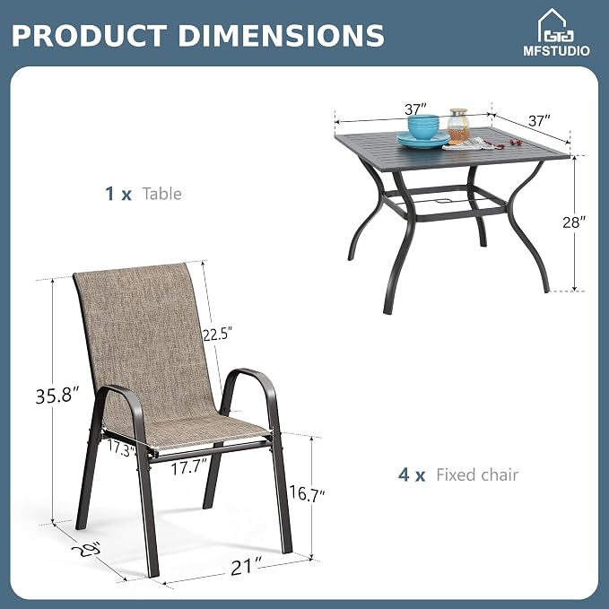 MFSTUDIO Patio Table and Chairs Set of 4, Outdoor Dining Set with Umbrella Hole, 5 Piece Patio Dining Set with Stackable Chairs