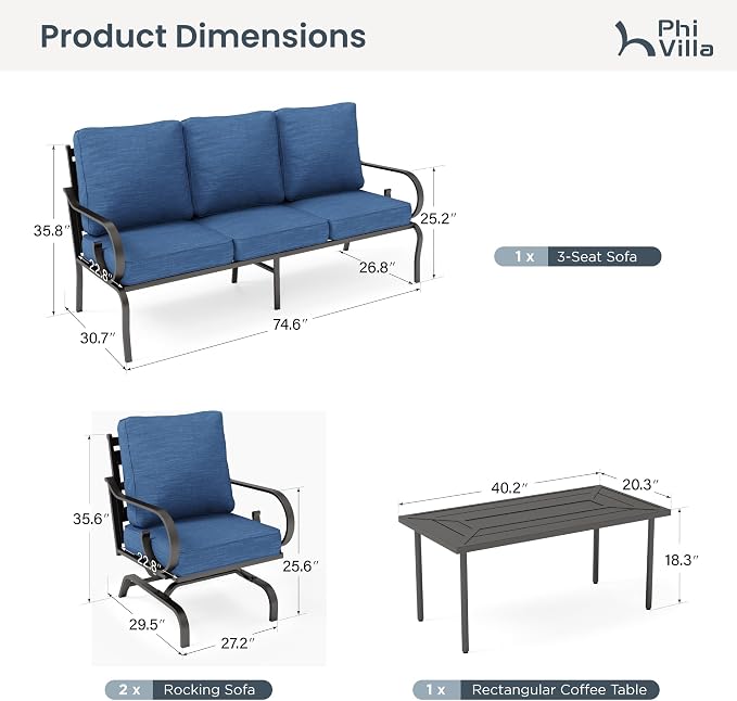 PHI VILLA Patio Furniture Set, 3-Seater Sofa, 4 Rocking Chairs and a Coffee Table, Outdoor Metal Conversation Set with 5.75" Extra Thick Cushion for Garden Backyard Deck, Navy