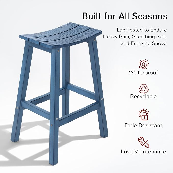 Stoog All-Weather Bar Stools Set of 2, 28" Outdoor Barstools with 400 lbs Capacity, Low Maintenance HIPS Patio Furniture for Kitchen Counter, Deck & Garden, Blue