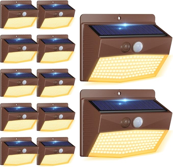 12 Packs Solar Outdoor Lights Motion Sensor Solar Security Light Waterproof with 3 Lighting Modes Solar Powered Wall Lights Outside for Garden Fence Yard, Brown Warm