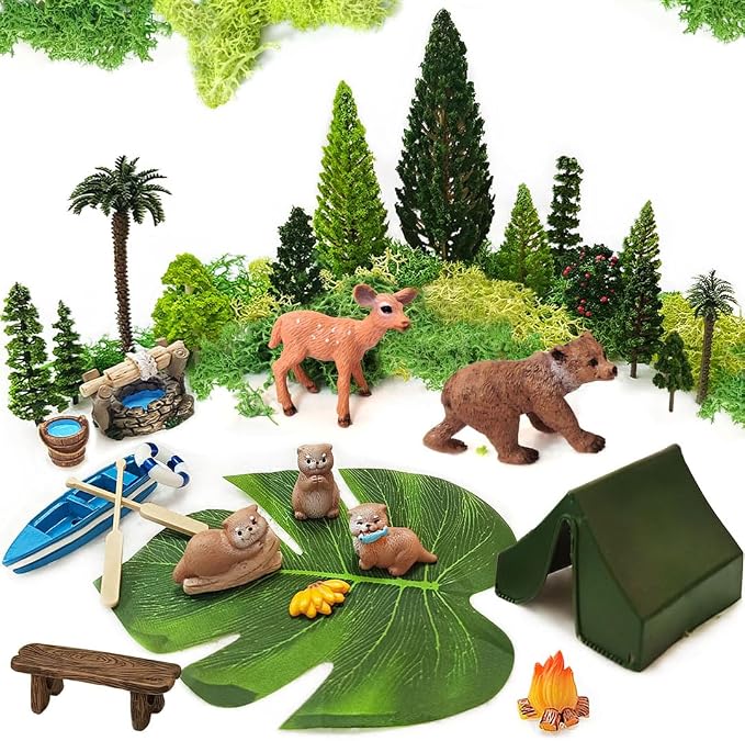 Miniature Garden Accessories, 32 Pcs, Model Scenery Kit, Forest Animal Figures with Model Trees Craft Grass for DIY Crafts, Micro Landscape Decoration