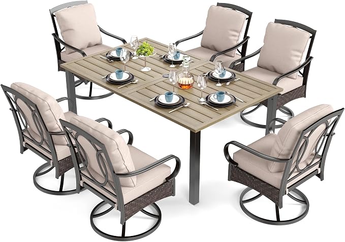 SUNSHINE VALLEY 7 Piece Patio Dining Sets for 6, Outdoor Table and Chairs with Cushioned Wicker Swivel Patio Chairs & Wood-Like Dining Table (1.61-2”Umbrella Hole), Outdoor Dining Sets for Backyard