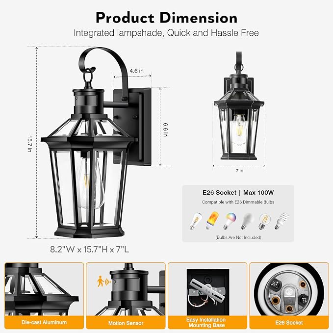 VIANIS Motion Sensor Outdoor Wall Lantern, Black Waterproof Dusk to Dawn LED Exterior Wall Sconce, Anti-Rust Aluminum Modern Outside Porch Light Wall Mount for House, Garage, Entryway 2 Pack